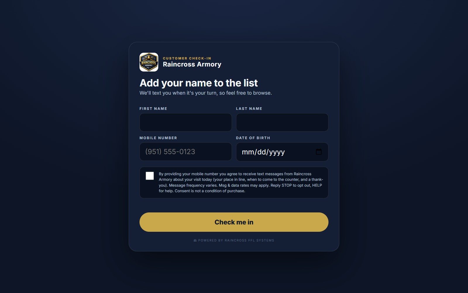 Customer check-in kiosk: name, mobile number and SMS consent