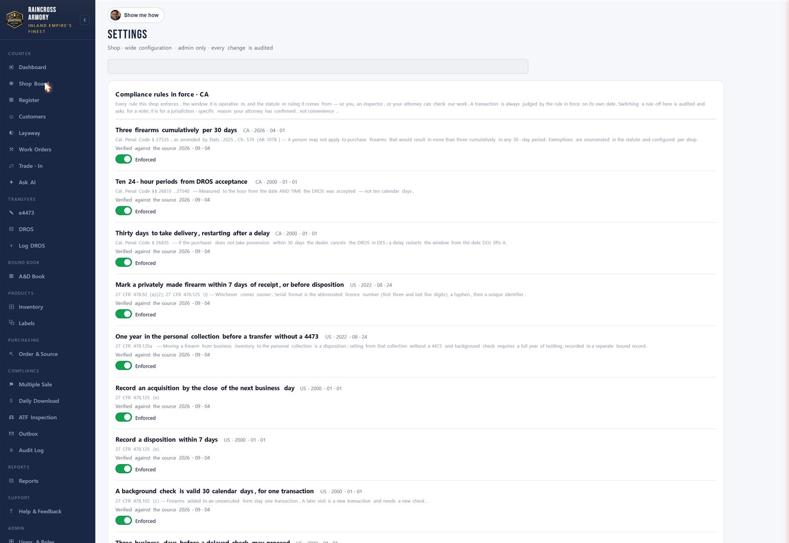 Settings: compliance rules with citations and effective dates