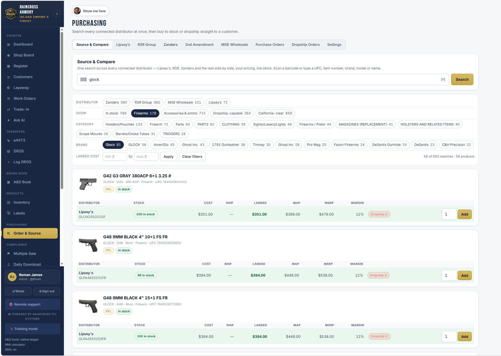 Purchasing: one search for Glock across Zanders, RSR Group and MGE Wholesale with distributor, category, brand and landed-cost filters, live stock, cost, landed, MAP, MSRP and margin per line
