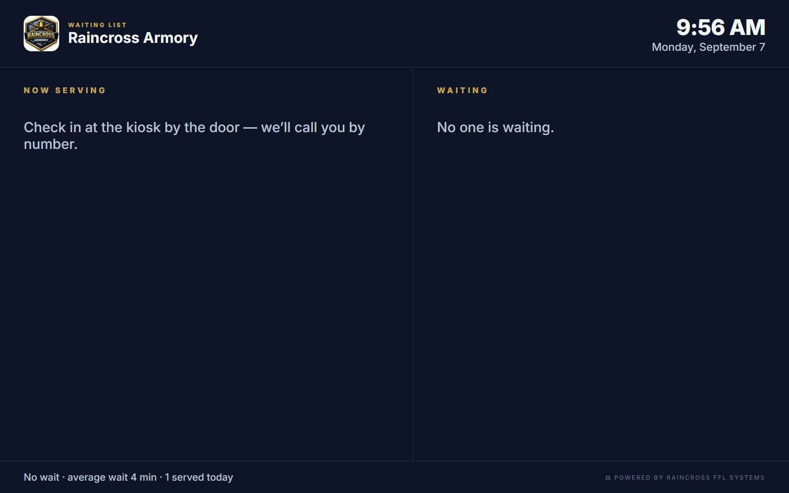 Waiting list display: now serving and waiting, by number and first name